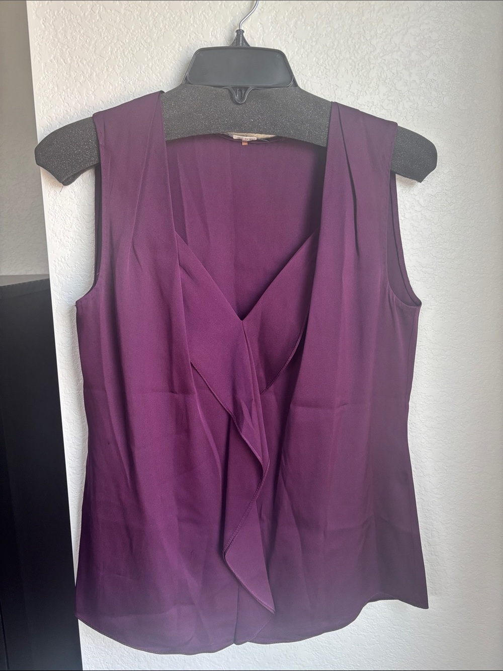 Elie Tahari Plum Sleeveless V-Neck Ruffle Front Silk Blouse